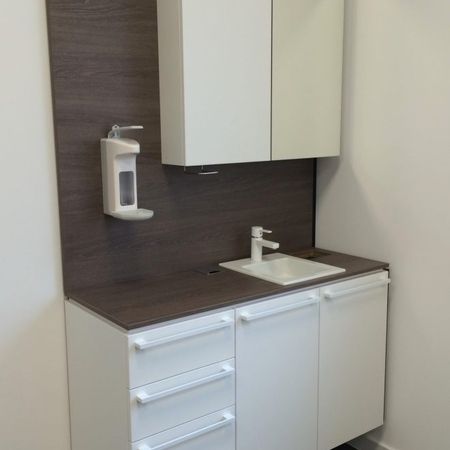Praxis mit einem Waschbecken und einem Schrank, der funktionale und stilvolle Aufbewahrung bietet.