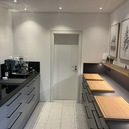 Eine Küche mit einer langen Arbeitsplatte und einem Spülbecken.